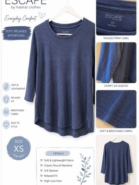 Habitat Escape Navy Blue Crewneck 3/4 Sleeve Sweater